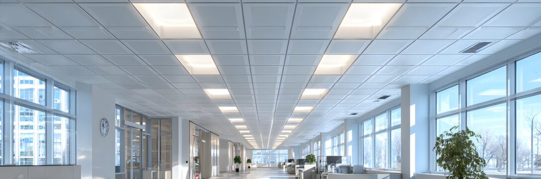 Modern office ceiling with recessed LED lighting and suspended tiles. Clean, functional interior design for corporate spaces. Banner, photo