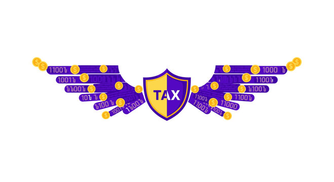 Tax Shield Illustration with Digital Wings and Gold Coins for Secure Finance
