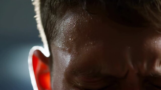 60 FPS Extreme close up of sweaty male forehead and closed eyes under hard rim light