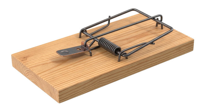 Classic wooden spring mousetrap with metal bar and bait pedal, traditional rodent trap on pine board