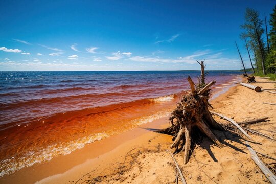 Sandy lake shore with reddish water, uprooted tree stump. Driftwood, dead wood lie on beach under blue sky. Natural landscape shows soil erosion, wilderness scenery. Peaceful sunny day at remote