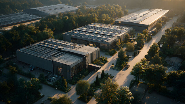 A vast warehouse complex showcases solar panels reflcting sunlight, nestled amng trees and grassy areas uring a picturesque sunsetin an industrial zone