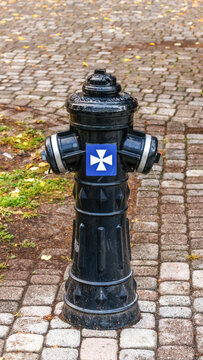 Traditional black metal fire hydrant installed on a cobblestone pavement, photographed in a clear vertical composition.