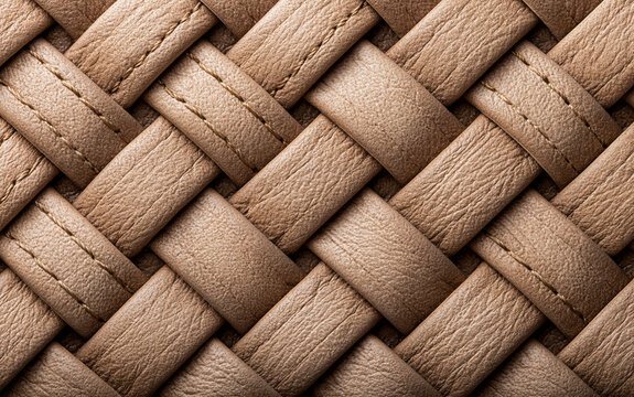 Tan leather woven texture background close up for design element with interlocked strips pattern in beige tone for stylish commercial project