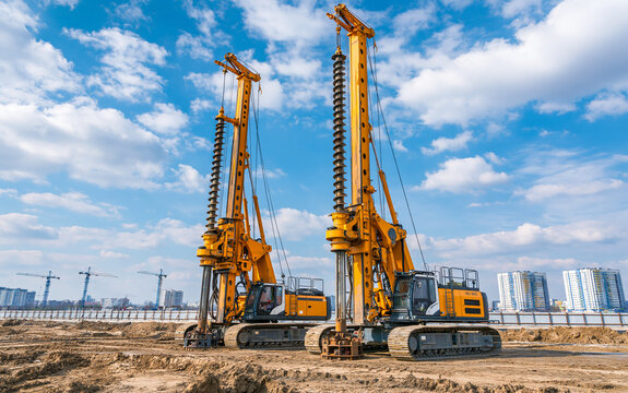 Two large drilling rigs standing ready on a construction site, symbolizing heavy industry, engineering, and foundation work