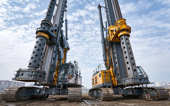 Two large drilling rigs standing ready on a construction site, symbolizing heavy industry, engineering, and foundation work