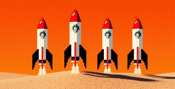 Four pixel art rockets launch from sandy desert dunes. Red, white spacecraft ascend into orange sky with fire exhaust. Minimalist digital illustration shows space flight mission, startup growth
