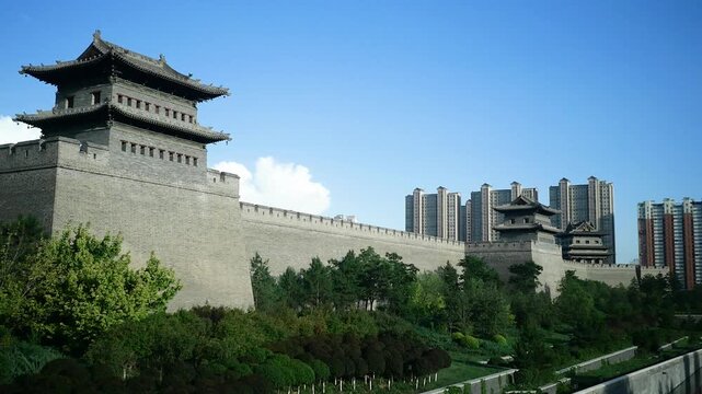 Ancient City Wall and Modern Residential Skyline in Datong, Shanxi, China