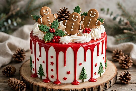 Festive Christmas drip cake decorated with gingerbread men, white frosting, red glaze, and pinecones