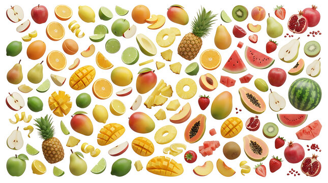 Fresh tropical fruit collection set with sliced pineapple mango