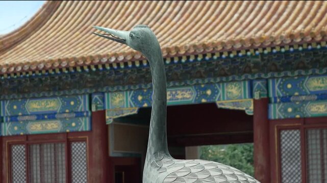 Bronze Crane Statue and Traditional Architecture in the Forbidden City, Beijing, China