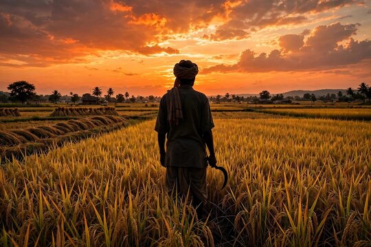 Indian farmer with sickle standing in golden paddy field at sunset during rice harvest