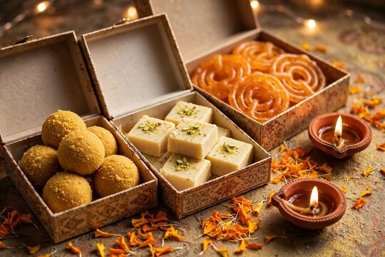 Indian mithai sweets in gift boxes with lit diyas for Diwali celebration food photography