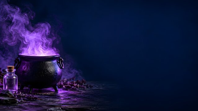 Witch cauldron with purple mist and dark blue copy space