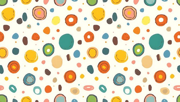 Playful seamless pattern of hand-drawn colorful circles, rings, dots, imperfect doodle shapes arranged in a lively repeating composition, cheerful primary pastel tones, clean minimalist illustration