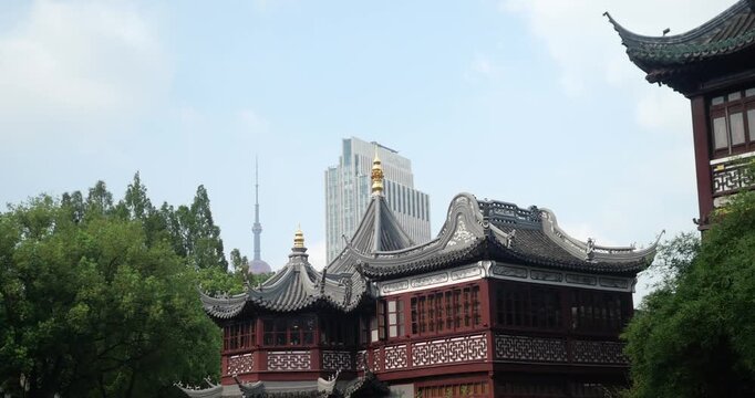 Traditional Chinese Architecture and Modern Skyline in Shanghai, China