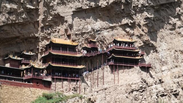 Hanging Temple Built into a Cliff near Datong in Shanxi, China