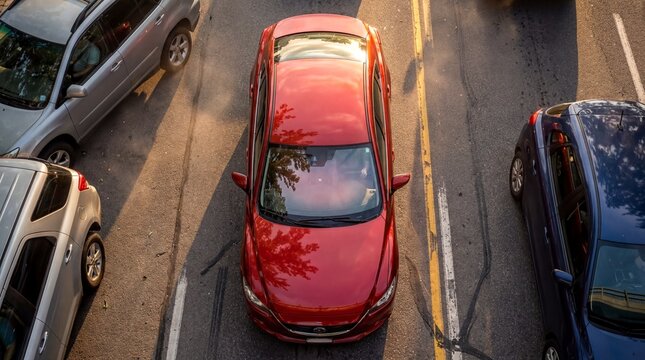 Suburban Traffic Jam, A vibrant red sedan navigates congested suburban traffic at sunset