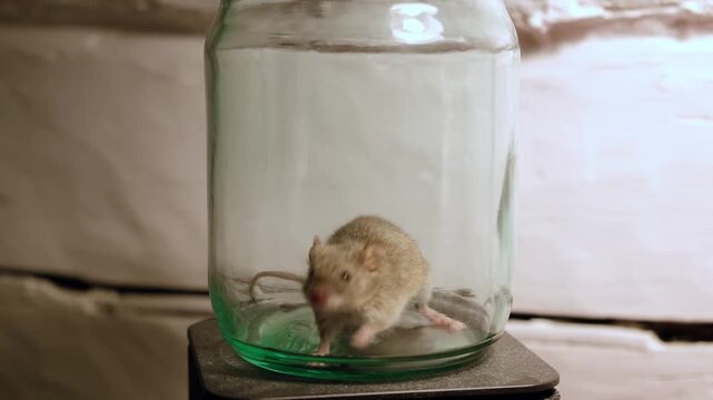 The Small gray mouse trapped inside a transparent glass jar. A catched rat trying to get out of the trap. Rodent pest, domestic trap, animal capture. An infection carrier. High quality 4k footage.