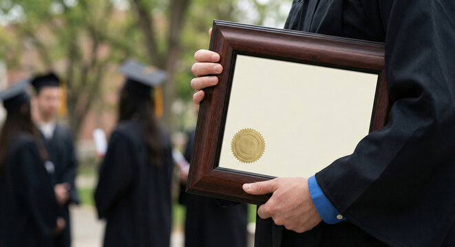 Graduate holding diploma at graduation ceremony outdoors
