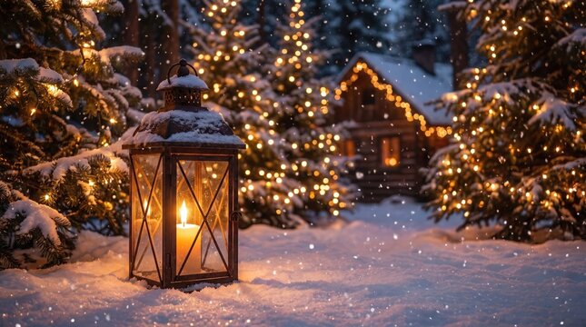 Cozy winter scene with a glowing lantern in the snow, surrounded by decorated christmas trees and a rustic cabin in the background at night