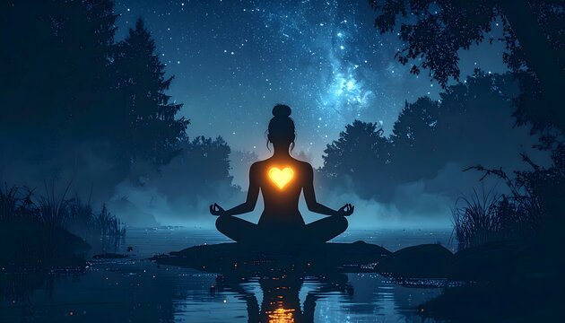 Silueta de persona meditando con luz brillante en el pecho bajo cielo estrellado