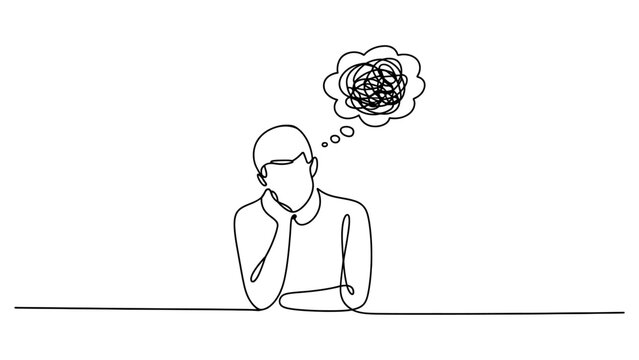 Continuous one line drawing of a man thinking with a messy tangled thought bubble representing stress and confusion Vector, illustration
