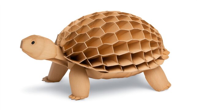 A creatively crafted turtle made from brown corrugated cardboard with a hexagonal patterned shell.