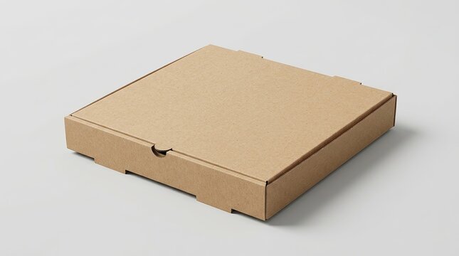 Closed plain brown cardboard pizza box on a light gray background, d