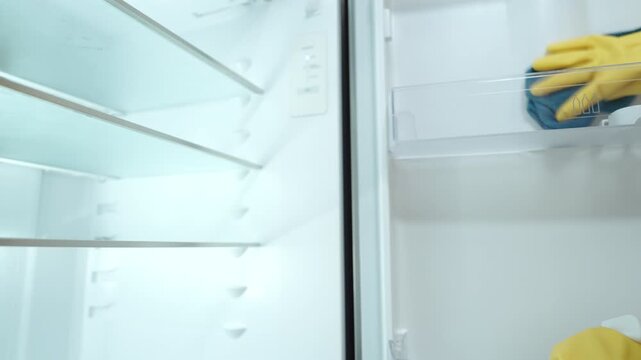 Housewife cleaning and checking the inside of a refrigerator, organizing food and maintaining kitchen hygiene as part of her everyday household routine.
