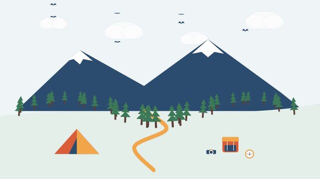 Animated 2D flat mountain landscape with camping tent, hiking trail, pine trees, and moving clouds for outdoor adventure and tourism concepts al