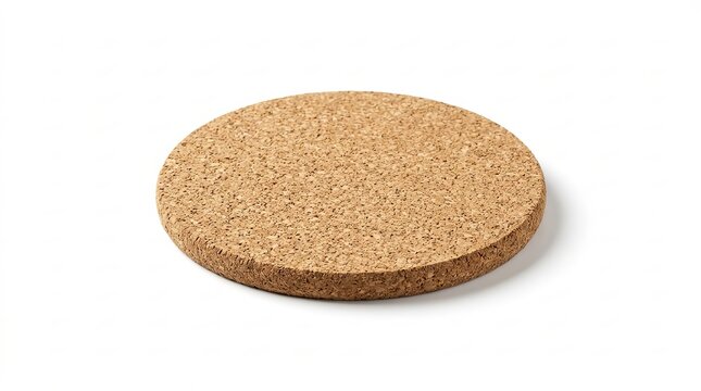 Round cork coaster on white background, circular beverage d