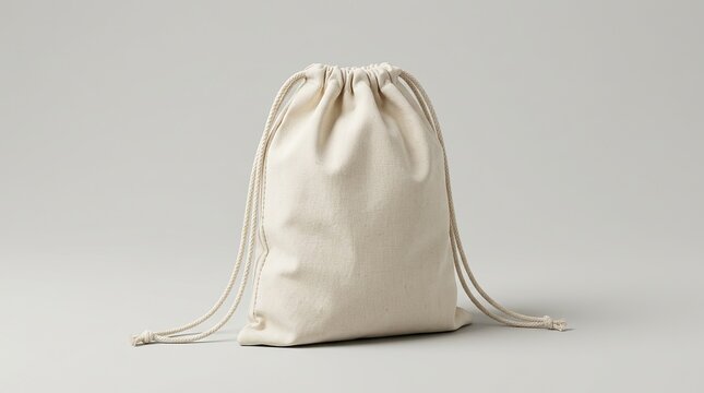 Natural canvas drawstring bag mockup on light gray background, canvas bag