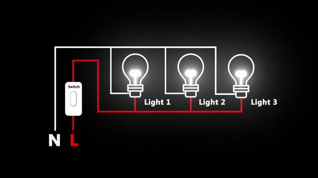 Parallel Electrical Circuit Diagram with Switch and Glowing Light Bulbs on Black Background