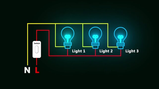 Three Glowing Light Bulbs Electrical Circuit Wiring Diagram Animation.