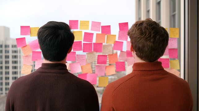 Two people stand facing a window covered with colorful sticky notes, seemingly brainstorming or organizing ideas.
