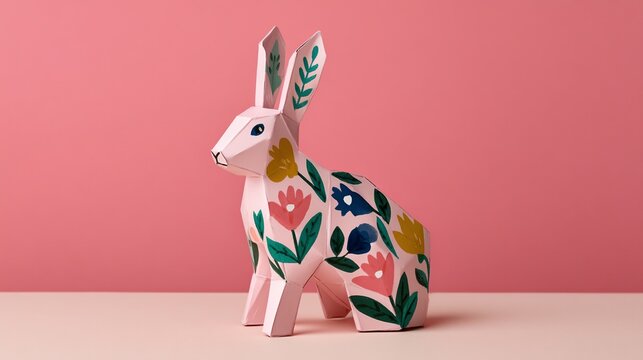 A pink paper rabbit decorated with colorful floral patterns sits against a matching pink background.
