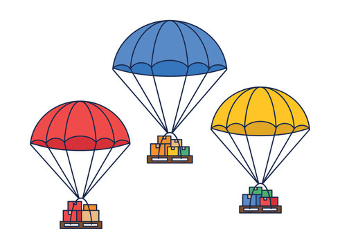 Parachute cargo delivery illustration featuring colorful parachutes and supply boxes on wooden pallets, flat vector style isolated on white background