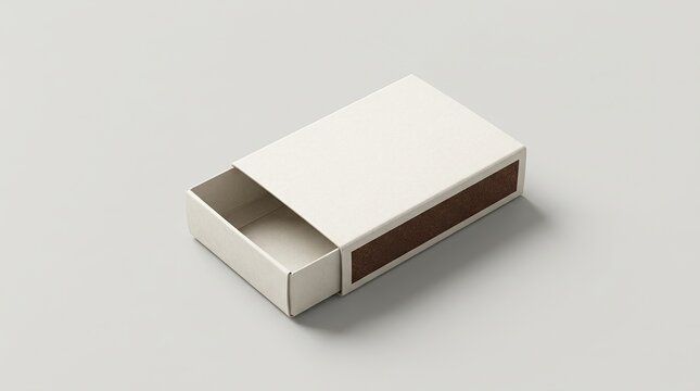 Open white matchbox with brown striking surface on plain gray background d