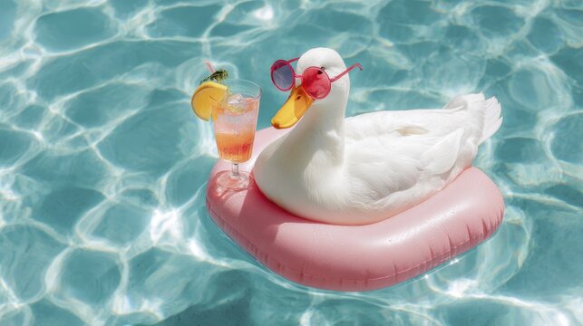 Duck relaxing on pink float with tropical drink in crystal clear pool water