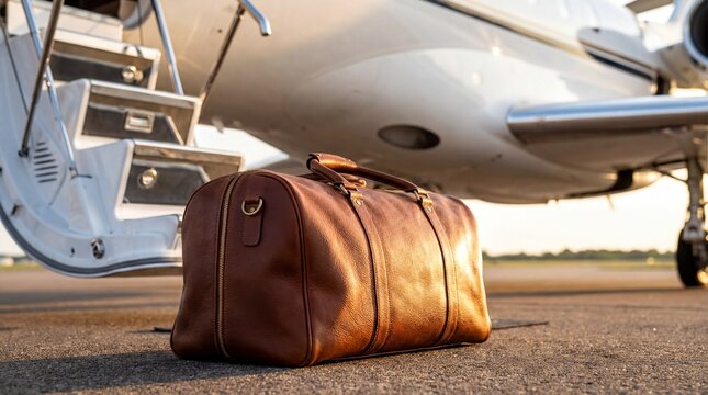Luxury Leather Travel Bag, A premium leather duffel bag rests on the tarmac beside a private jet