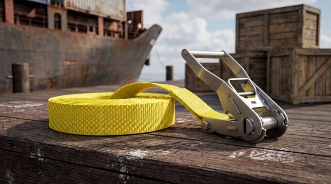 Industrial Cargo Strap, A heavy-duty yellow cargo strap rests on a weathered wooden dock