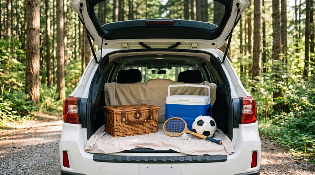 White car trunk packed with a picnic basket and sports equipment for an outdoor adventure in the forest