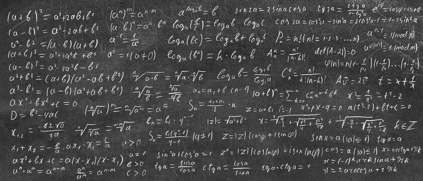 Chalkboard with mathematical equations as background, banner design