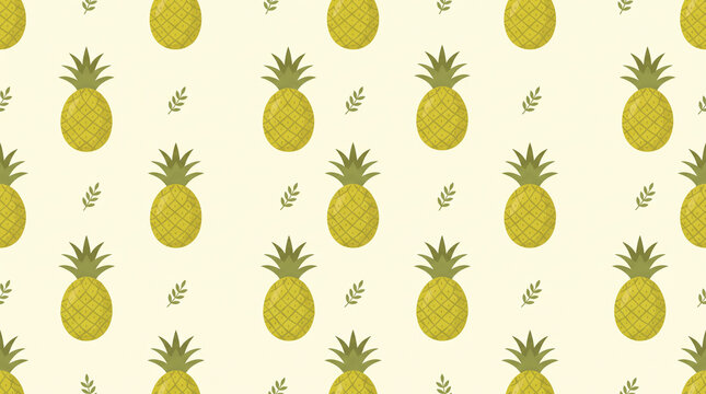 Seamless vector pattern of yellow pineapples with small green branches on light beige background for tropical packaging design with copy space