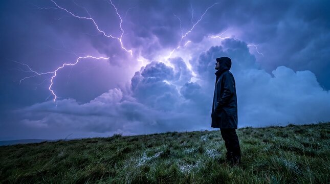 Storm Chaser, A solitary observer stands on a grassy hill beneath a turbulent, lightning-filled twilight sky