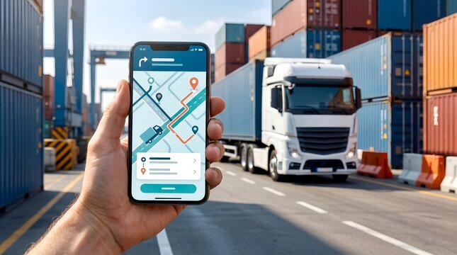 Hand holding smartphone with logistics navigation app in front of