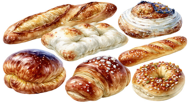 Bread assortment with seeded rolls and spiral pastry isolated on transparent background