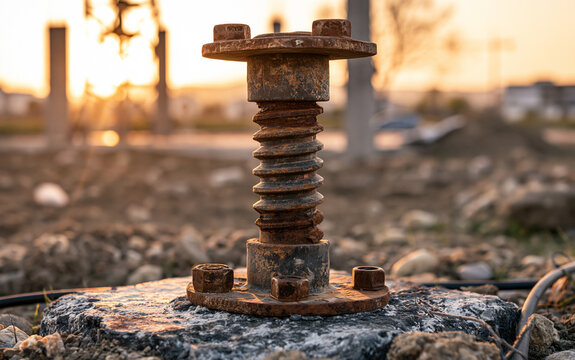 Infrastructure development and construction site, heavy metal screw jack support for building foundation on a rural land plot at sunset