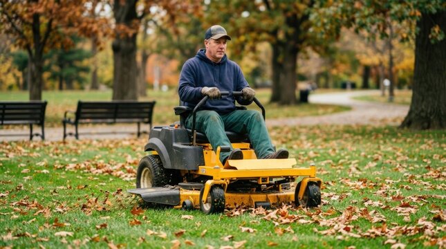 Groundskeeper Operating Riding Lawn Mower in Autumn Park with Fallen Leaves